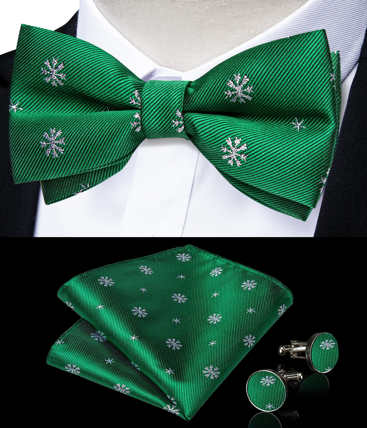 Green Christmas Party Men Pre-tied Bowtie Brooch Pocket Sauare Cufflinks for Mens Classic Snowflake Christmas Tree Necktie Set