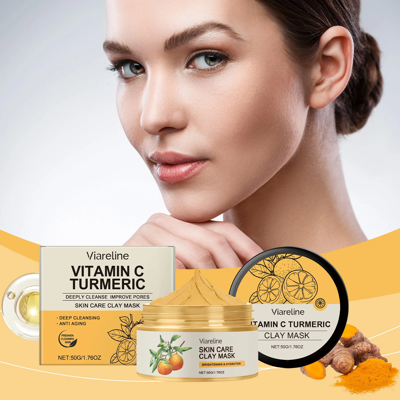 Viareline Vitaminc Turmeric Clay Mask Deeply Cleanse Improve Pores Skin Care Draws Out Excess Oil Impurities Refine Rough Skin Texture
