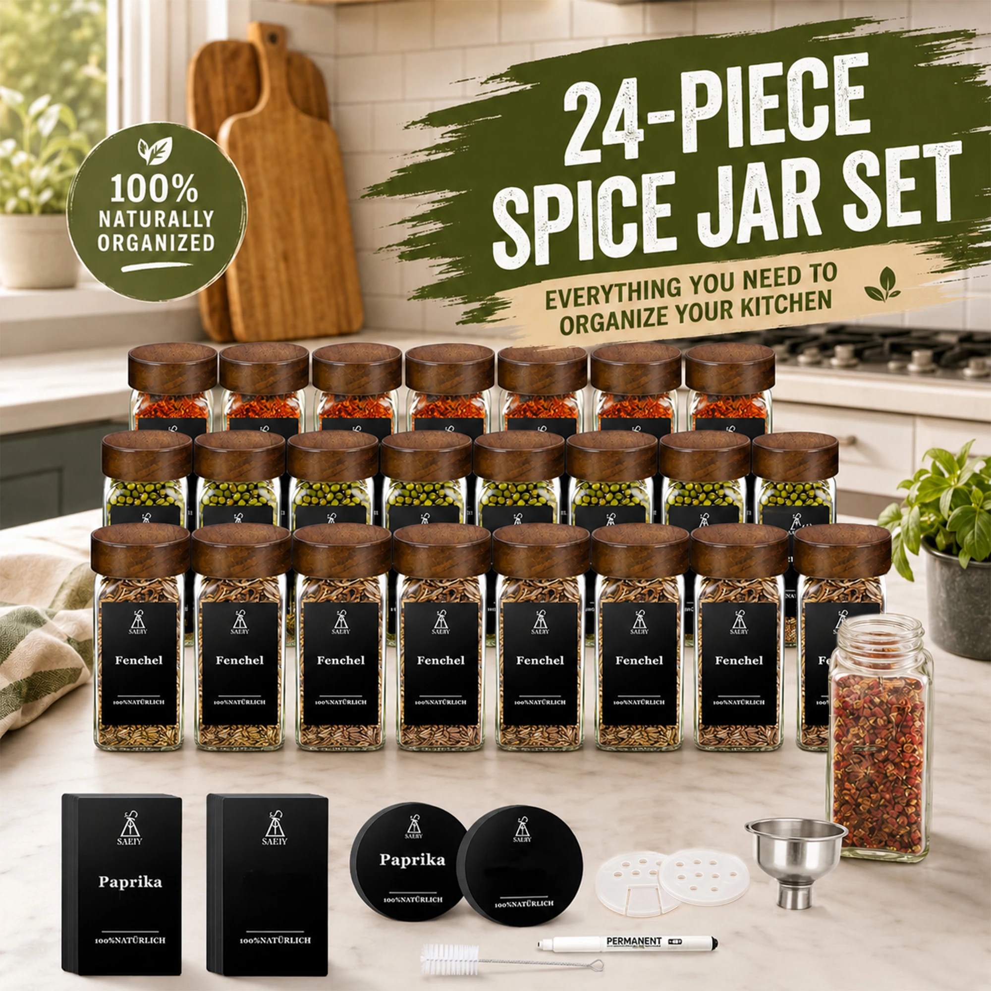 SAEIV 12/24/35 Stück Eckige 120ml Glas Gewürzgläser Set mit Luftdichtem Akazienholzdeckel Leere Gewürzbehälter mit Selbstklebenden Gewürzetiketten Streudeckel Reinigungsbürste Permanentmarker für