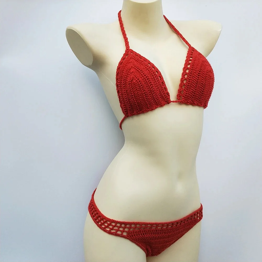 Have Lining Chest Pad Micro Bikini Set Women Crochet Sexy Swimsuit Solid Bikini Backless Swimwear Low Waist Strój kąpielowy dla kobiet — zdjęcie 2