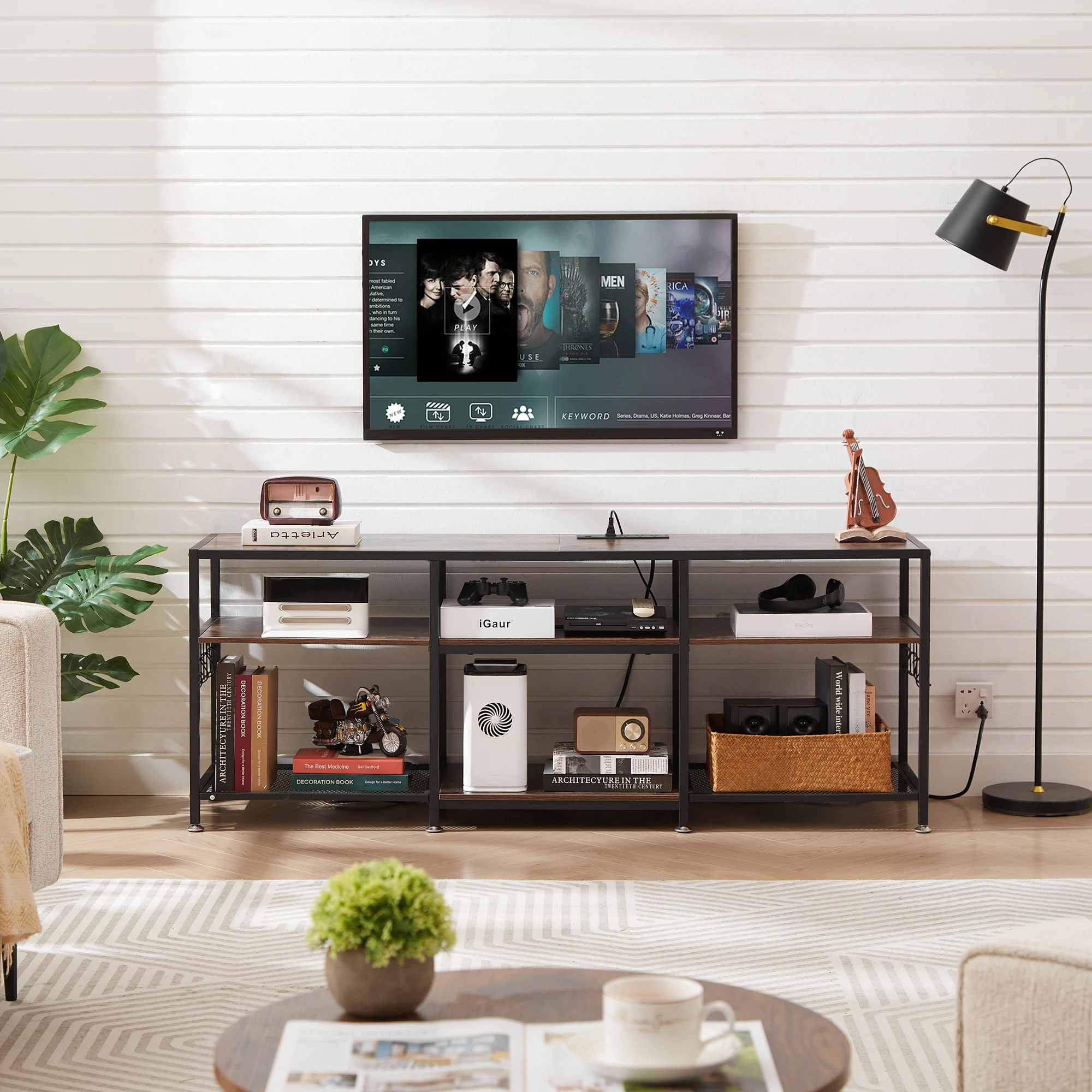 VECELO TV Stand with Built-In Outlets Industrial Entertainment Center with 3-Tier Open Storage Shelves& Hooks for Living