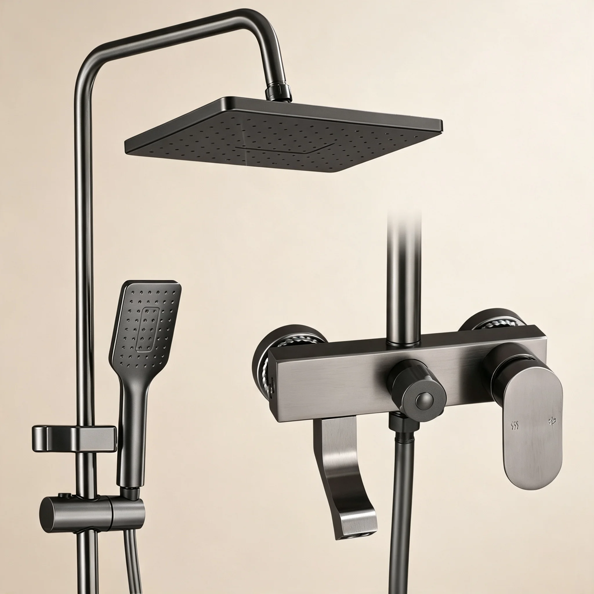 Wandmontiertes Hochleistungs-4-Funktionen-Duschsystem mit Digitalanzeige, Klaviertasten, Ambientebeleuchtung, 2-in-1 Handbrause und Regenduschkopf