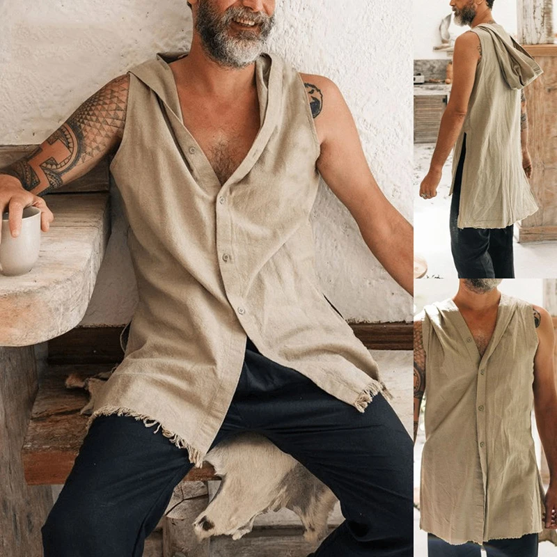 Hooded Cardigan Cotton Linen Men Shirts Single-Breasted Solid Color Sleeveless Side Split Loose Ripped Hem Workout Top