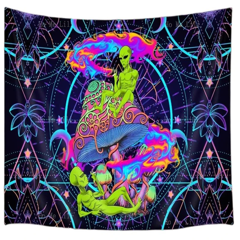 Trippy Weed Cool Alien Psychedelic Mushroom Aesthetic Stoner Hippie Boho Tie Dye Tapestry Wall Hanging For Bedroom Living Room