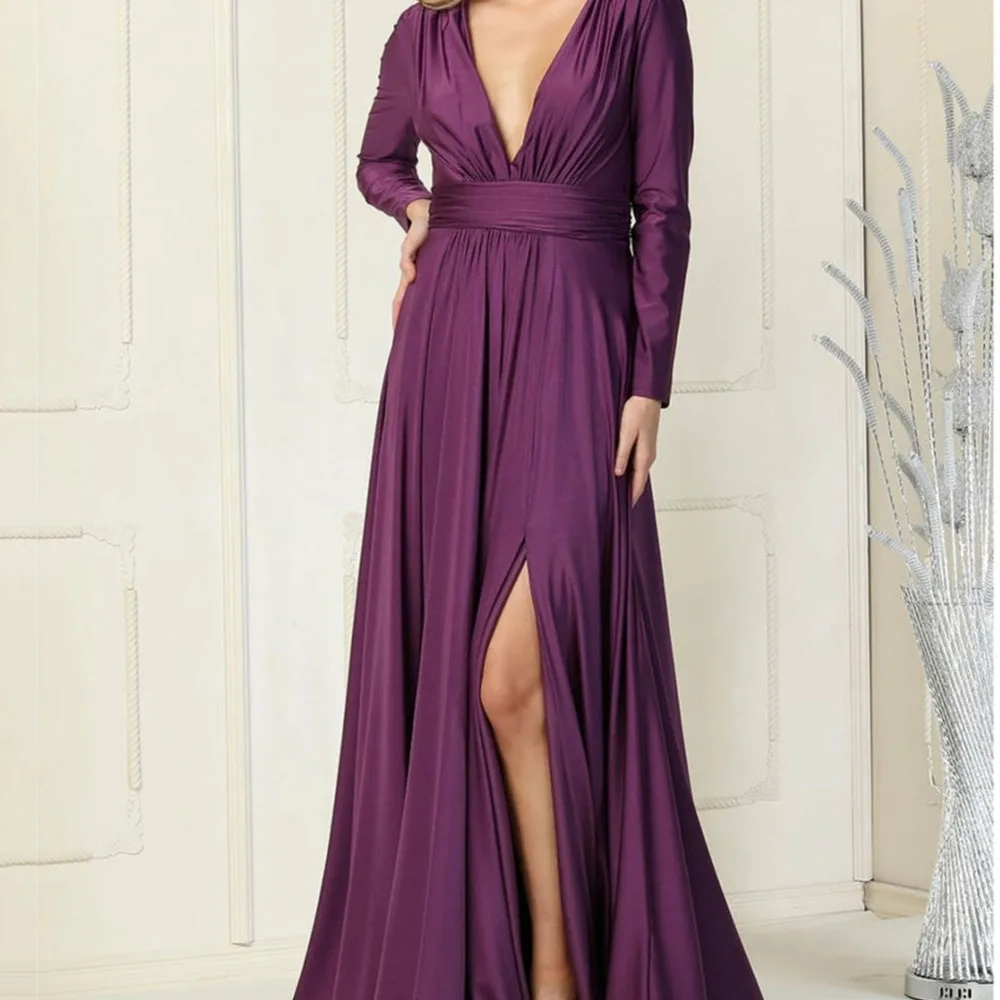 Simple V-Neck Prom Dresses With Split A-Line Formal Occasion Evening Dresses Custom Made Regular Long Sleeve Wedding Party Gowns