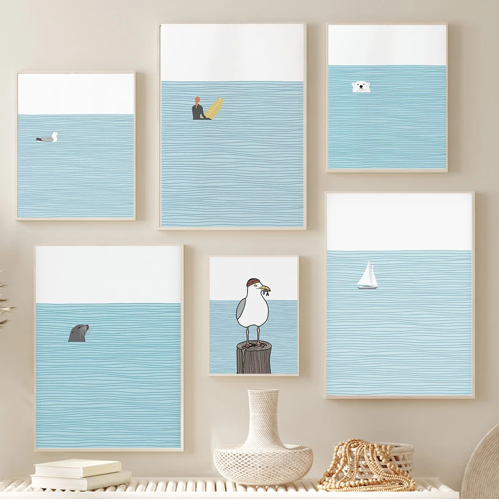 Surfer Girl Wall Art Canvas Painting Seagull Polar Bear Floating Ocean Beach Poster And Print Wall Picture For Living Room Decor