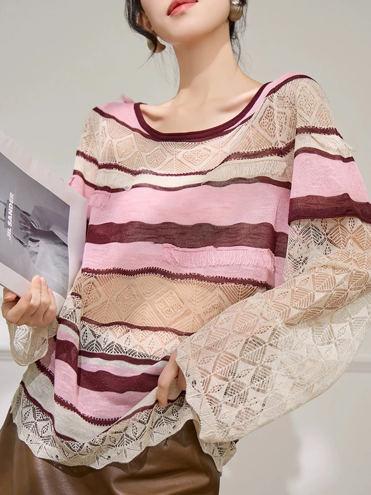 Women Pink Brown Striped Lace Top Openwork Patchwork Layered Look Loose Fit Lightweight Long Sleeve Boho Casual Blouse
