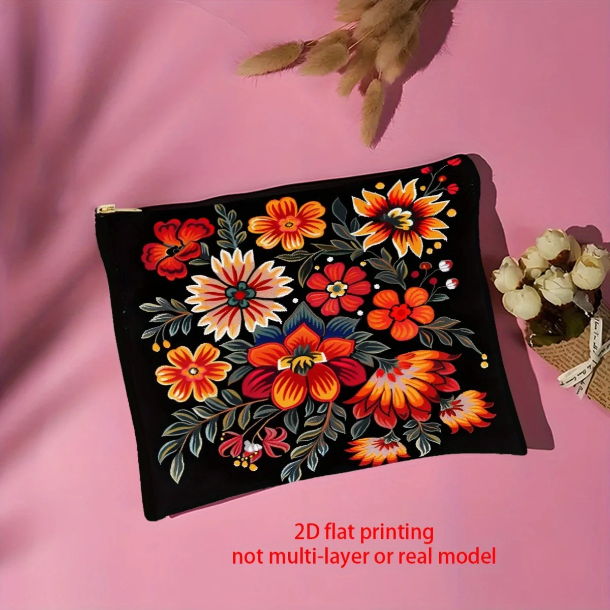 1Pc Vibrant Folk Floral Retro Design Multifunctional Travel Makeup Bag, Snack Storage Bag, Stationery Storage Bag, Fashionable Toiletry Bag, Canvas Double-Sided Printed Zipper Pouch