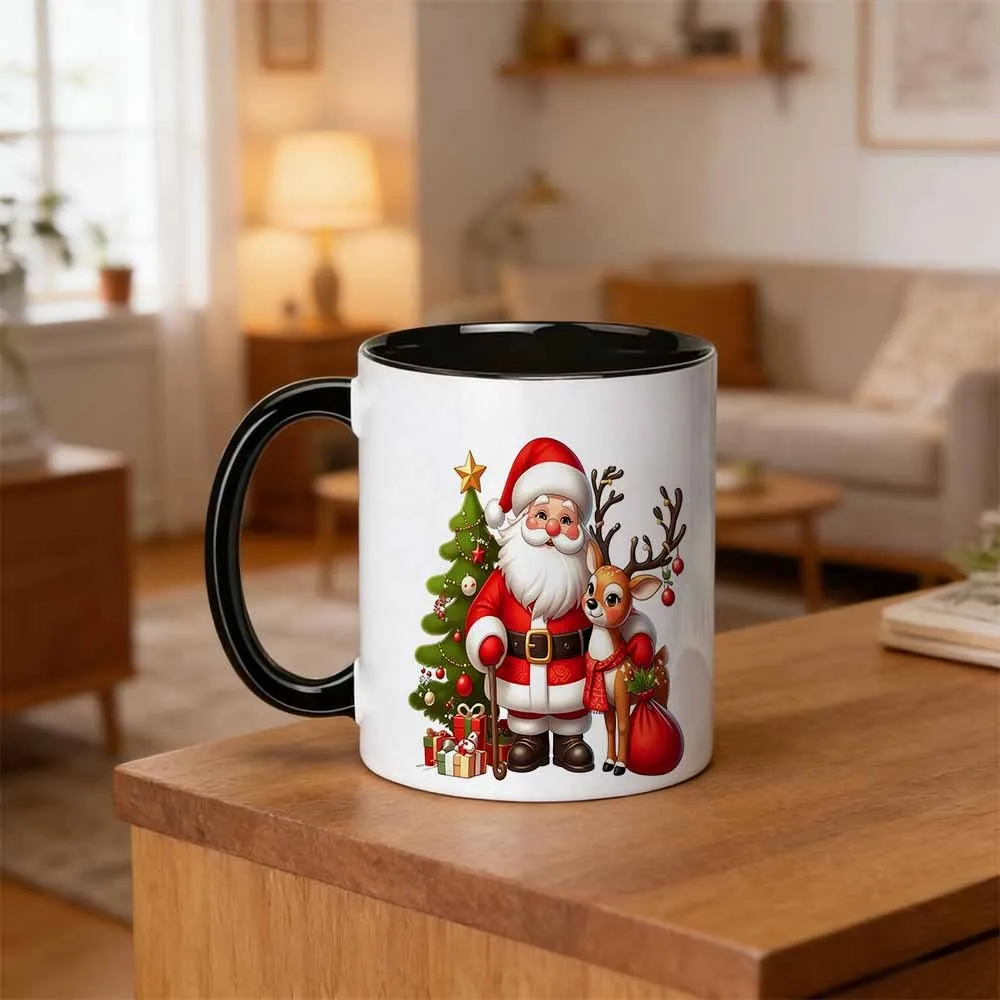 1 Novelty Santa Claus and Reindeer Christmas Tree Holiday Design Ceramic Coffee Mug, Festive Christmas Winter Decorative Drinkware, Cute Cartoon Santa Nick Deer Pattern Beverage Cup, Suitable for Home Office, Mug, Coffee Cup, Juice Cup, 11 oz 360 Ml, Fun Gift