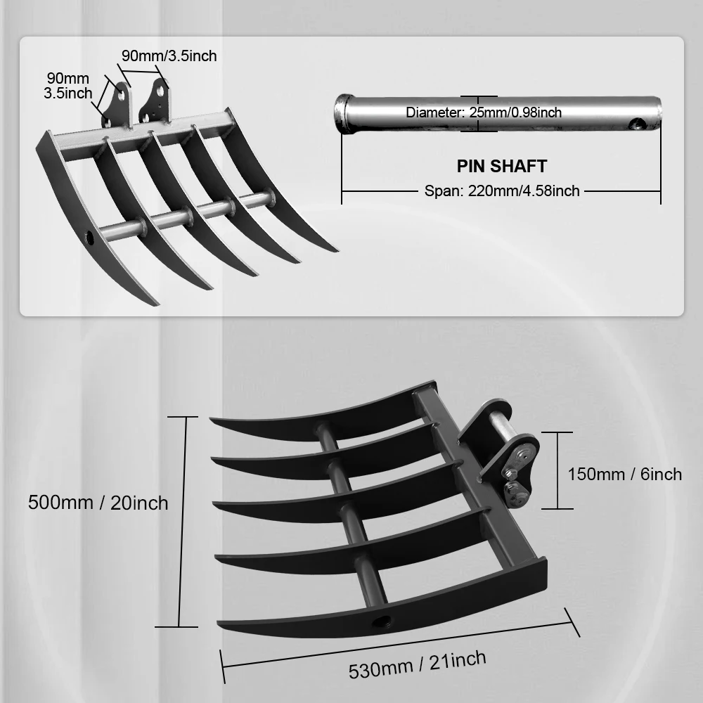 Acessório para ancinho de grama - adequado para escavadeiras pequenas, equipado com pinos livres, fácil de manusear para trabalhos de jardim e fazenda