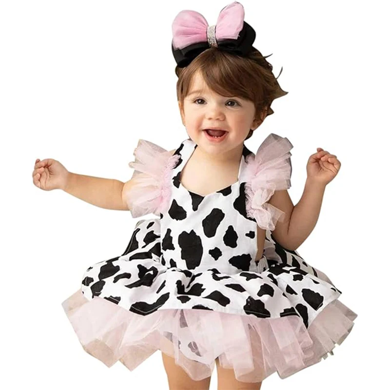 Baby Girl Cow Print Tulle Fancy Dress With Handband Infant Cowgirl Costume