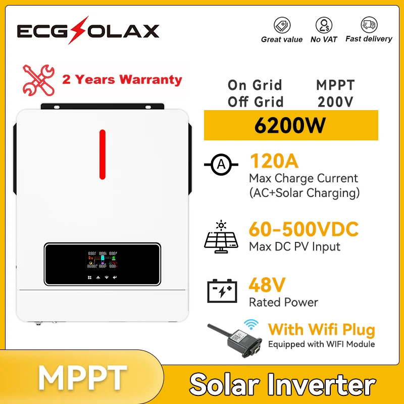 ECGSOLAX 6.2KW Solar Hybrid inverter 48V 220Vac 120A MPPT Charge Controller PV Max 500VDC Pure Sine Wave Hybrid Solar Inverter