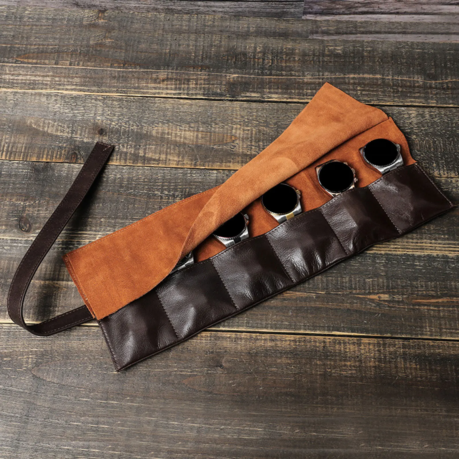 Portable Exquisite 3 Slots Watch Roll Handmade Leather Display Watch Storage Box with Slid in Out Watch Organizers for Husband