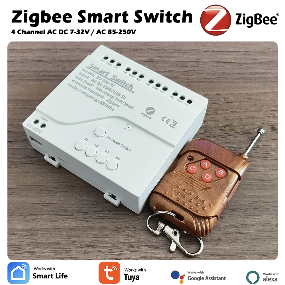 

4-релейный модуль умного переключателя Zigbee Tuya, 7-32/110-220 В, автоматический выключатель лампы, приложение SmartLife, дистанционное управление, работа Alexa, нужен концентратор