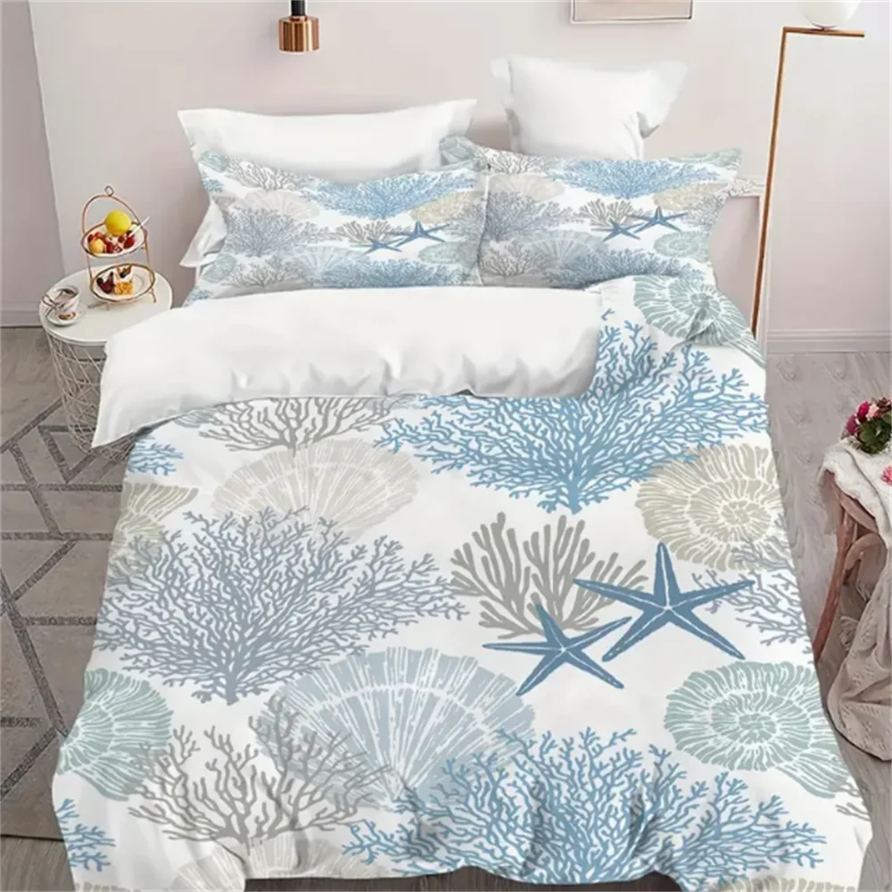 3PCS Creative Sea Starfish Pattern Duvet Set, Bedding Set, Zipper Closure, Soft And Comfortable Duvet Cover, Room Decoration