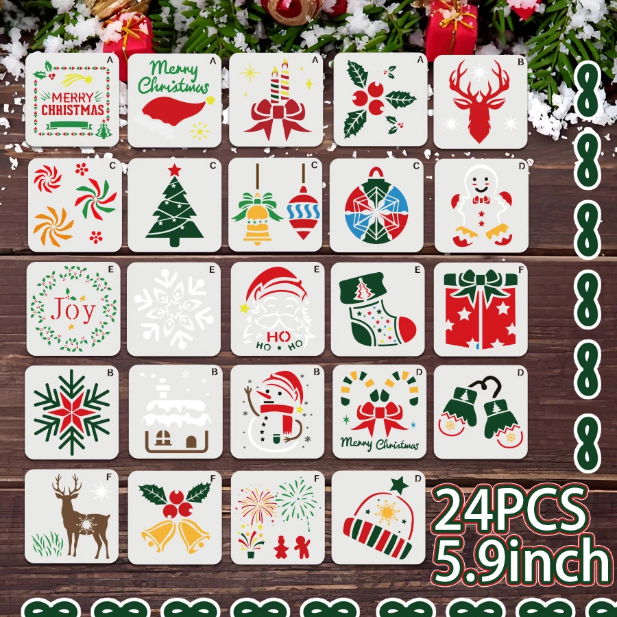24pcs Christmas Stencil Set 15x15cm Reusable DIY Painting Templates for Cards, Scrapbooking, Canvas, Fabric, Wall and Holiday Cr