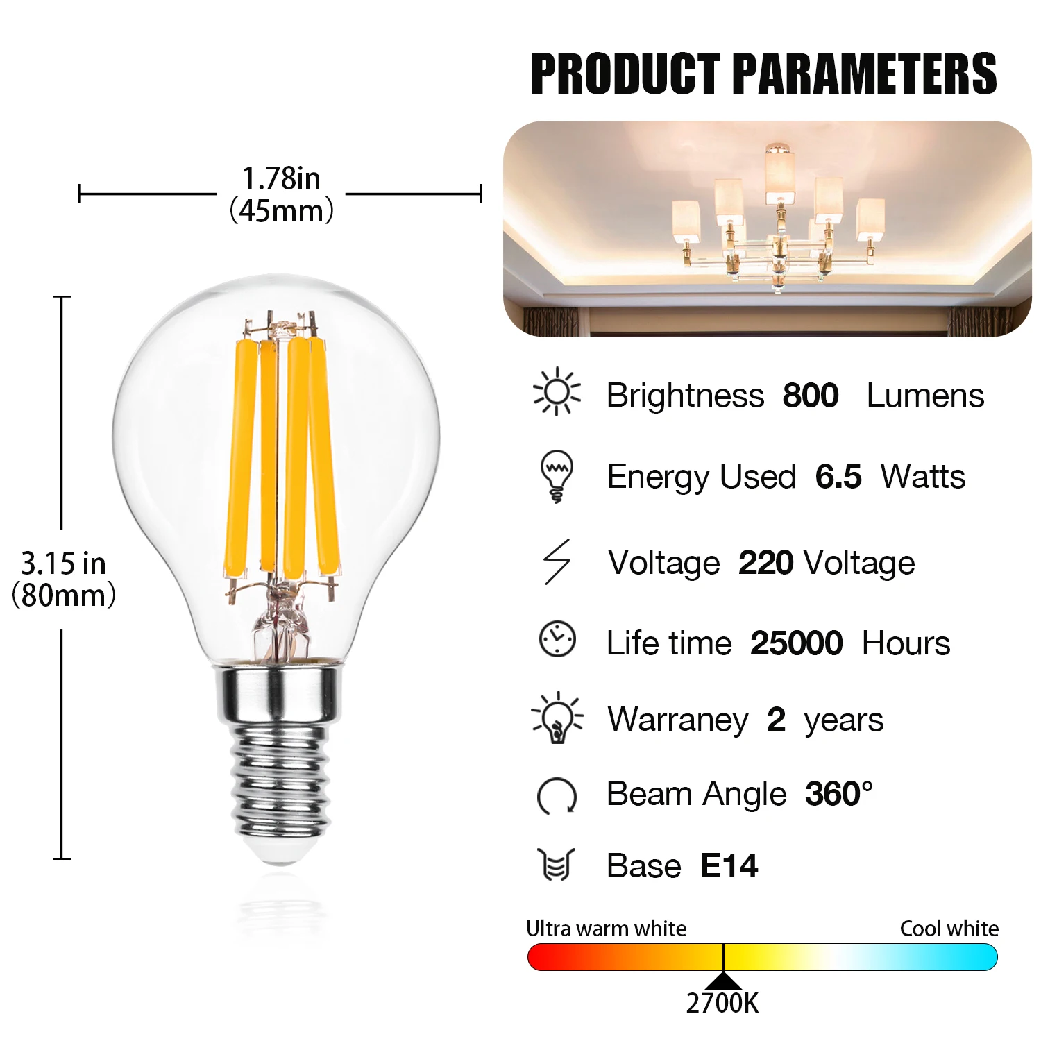 Bombilla de filamento LED para decoración del hogar, luz colgante Retro de alto Lumen, regulable, G45, 6,5 W, E14, 220V, 2700K, ahorro de energía