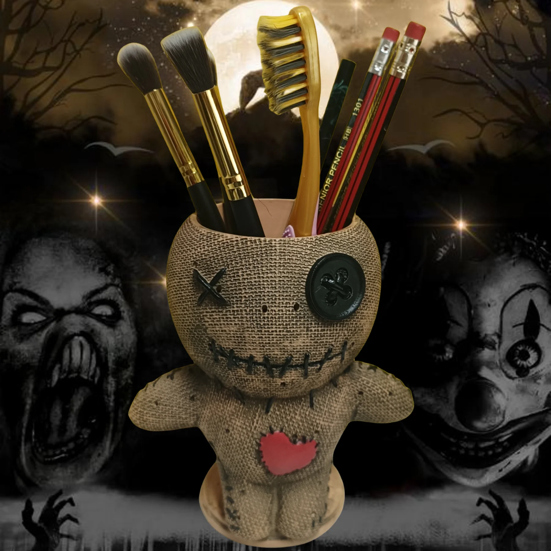 Horror Grey Voodoo Doll Makeup Brush Holder Cute Portable Pen Pencil Holder Creepy Vanity Desk Office Organizer Stationary Props