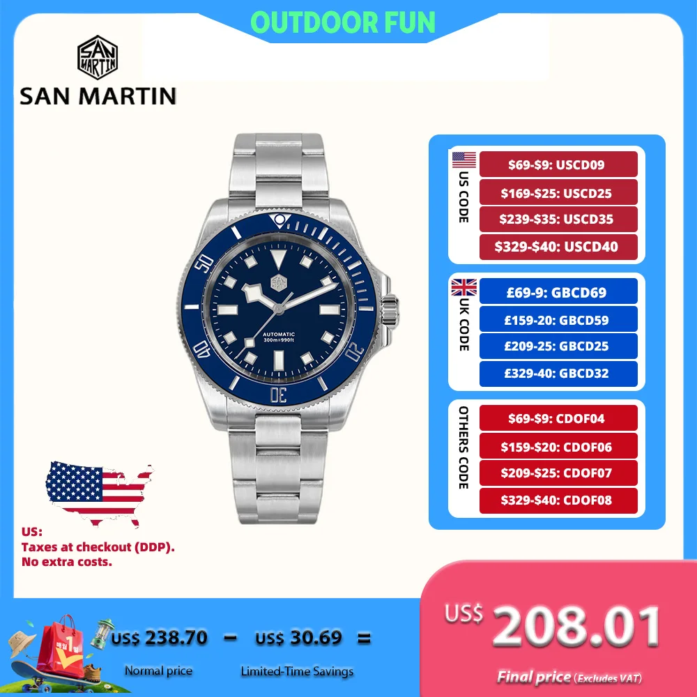 

San Martin 40mm Automatic NH35 Watch For Men Snowflake Hands Sports Relogio 300M Waterproof Montre Luxury Classic SN0111GB