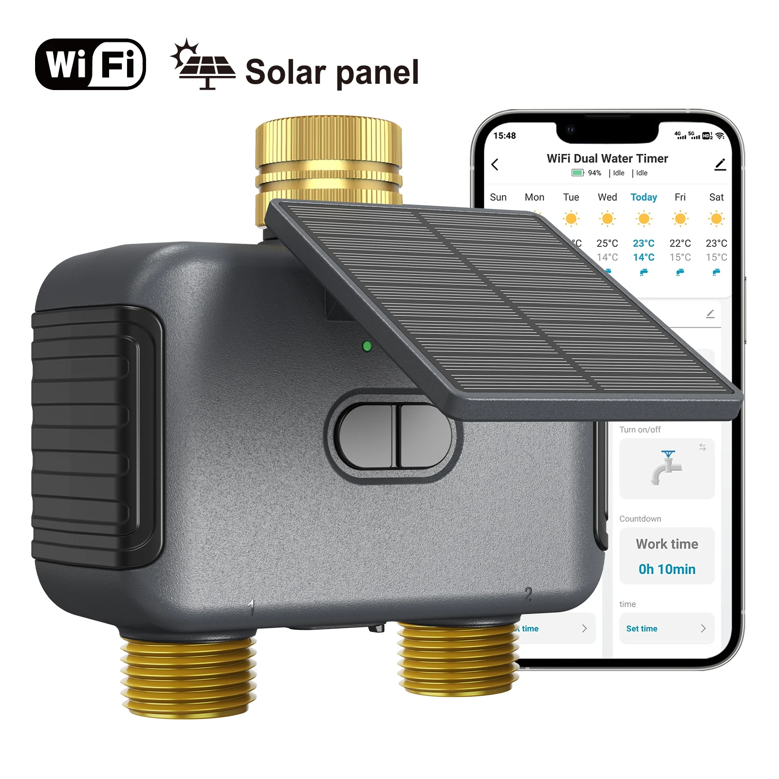 Programmateur d'arrosage solaire intelligent Blossom à 2 sorties, système d'irrigation de jardin à zones indépendantes avec contrôle à distance par application, étanche IPX6, double charge solaire et USB-C, fonction retard de pluie, batterie rechargeable 2000 mAh