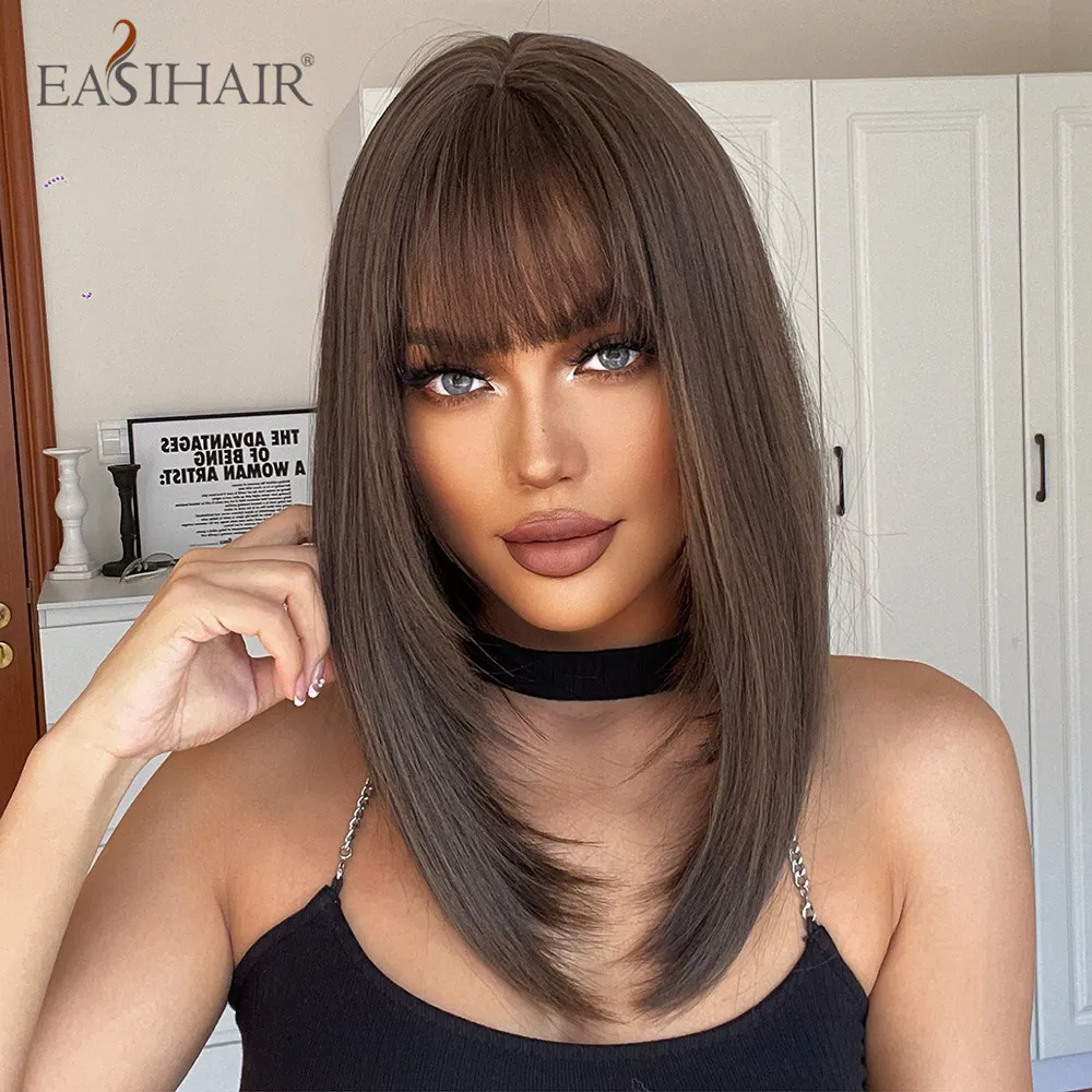 EASIHAIR Short Straight Chestnut Brown Black Synthetic Wigs with Bang Layered Medium Length Wigs for Women Daily Heat Resistant