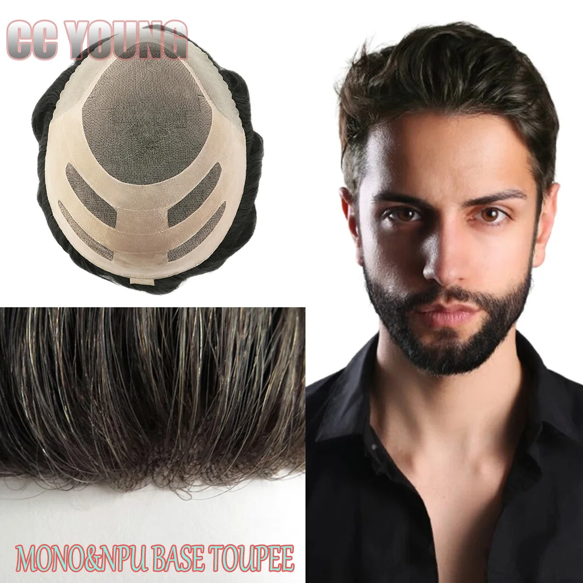 

Human Hair Toupee Fine Mono&Poly Skin Base Hair Replacement System, Breathable Men's Toupee, Durable Hairpiece
