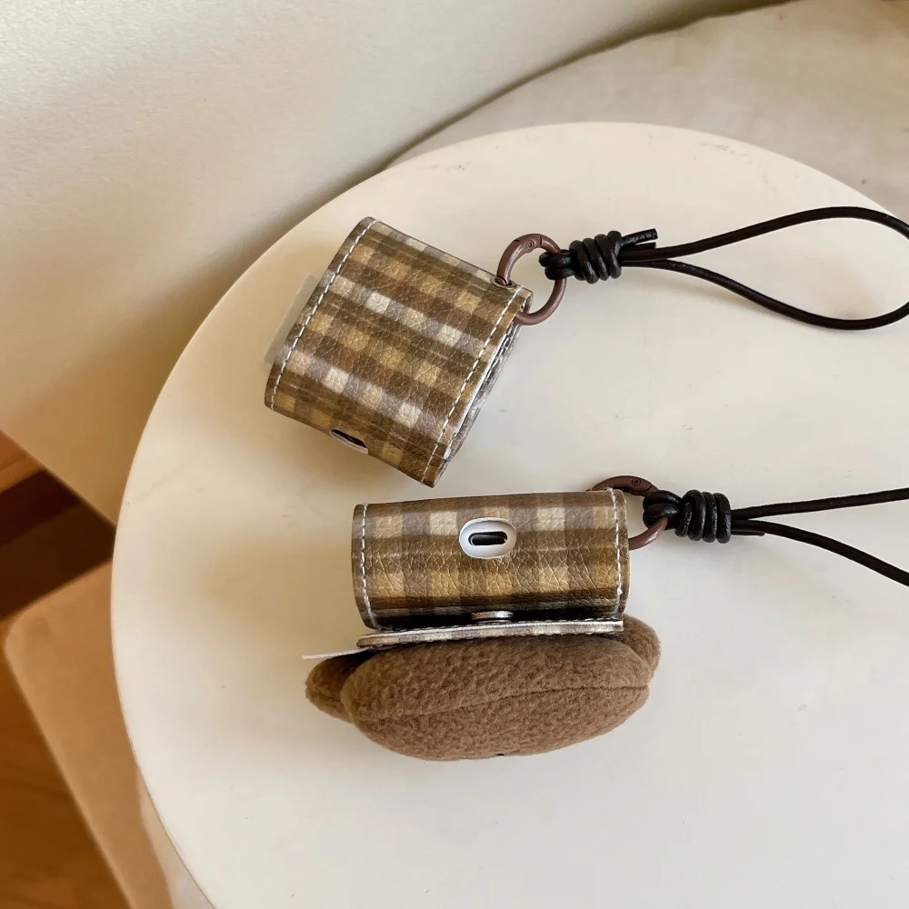 

Stylish cute plaid 3D plush bear earphone protective cover for AirPods 4 3 2 Pro 2 3 earphone case Stylish cute protective case