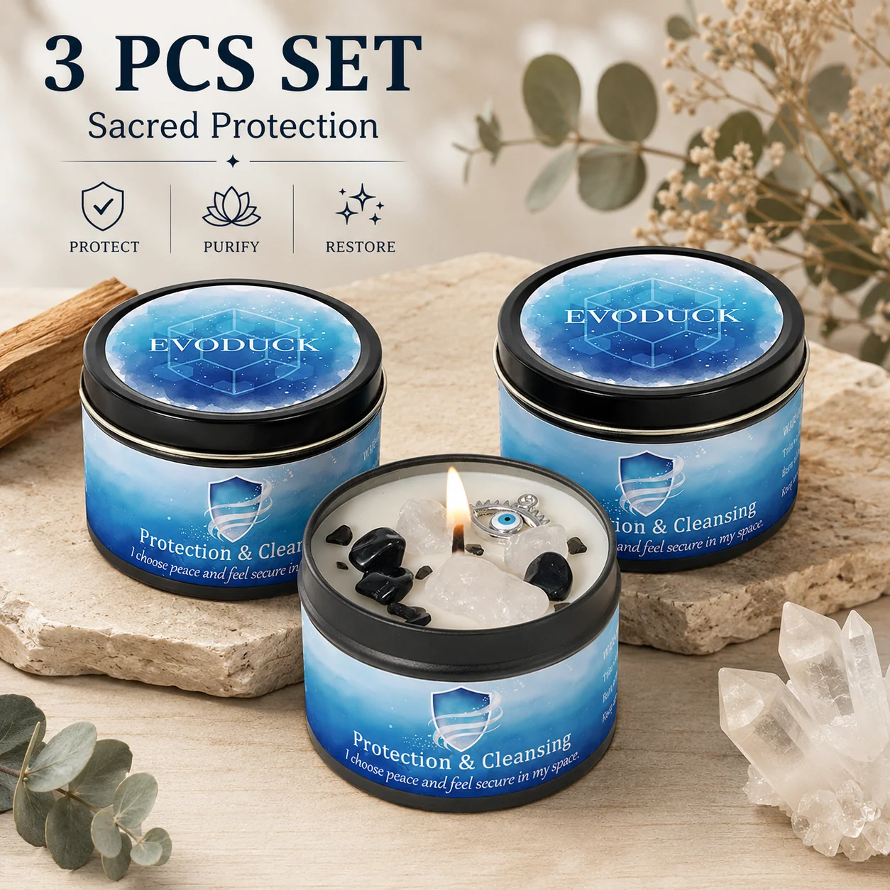 3Pcs Protection & Cleansing Crystal Intention Scented Candle Set, White Sage & Frankincense Scented Soy Candles with Black Tourmaline & Evil Eye Charm, Negative Energy Clearing Aromatherapy Tin Candles, Halloween Witchy Housewarming Gift