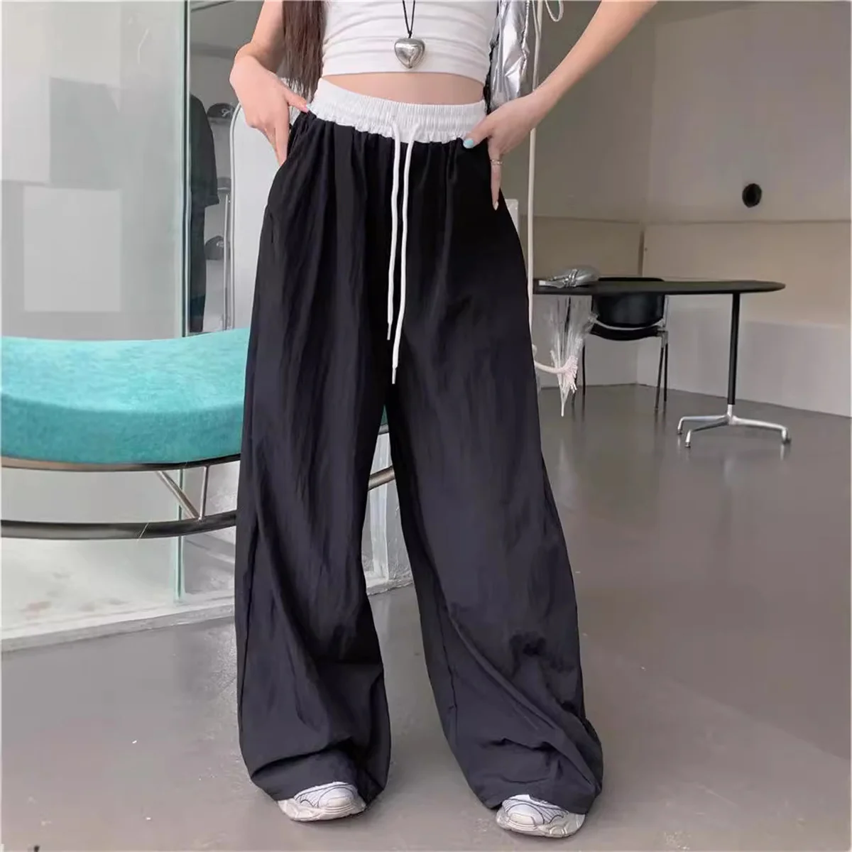 High Street Women's Wide Leg Pants Stripe Drawstring Y2K Gothic Hip Hop Cargo Pants Hotsweet Matching Female Trousers Summer New