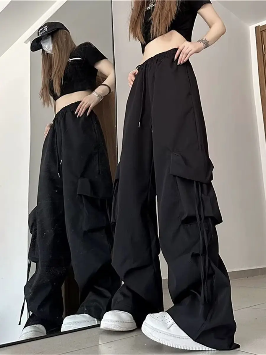 Retro Vintage High Street Baggy Pants Fashion Women Oversized Drawstring Pocket New Pant Casual Streetwear Loose Jogger Trousers