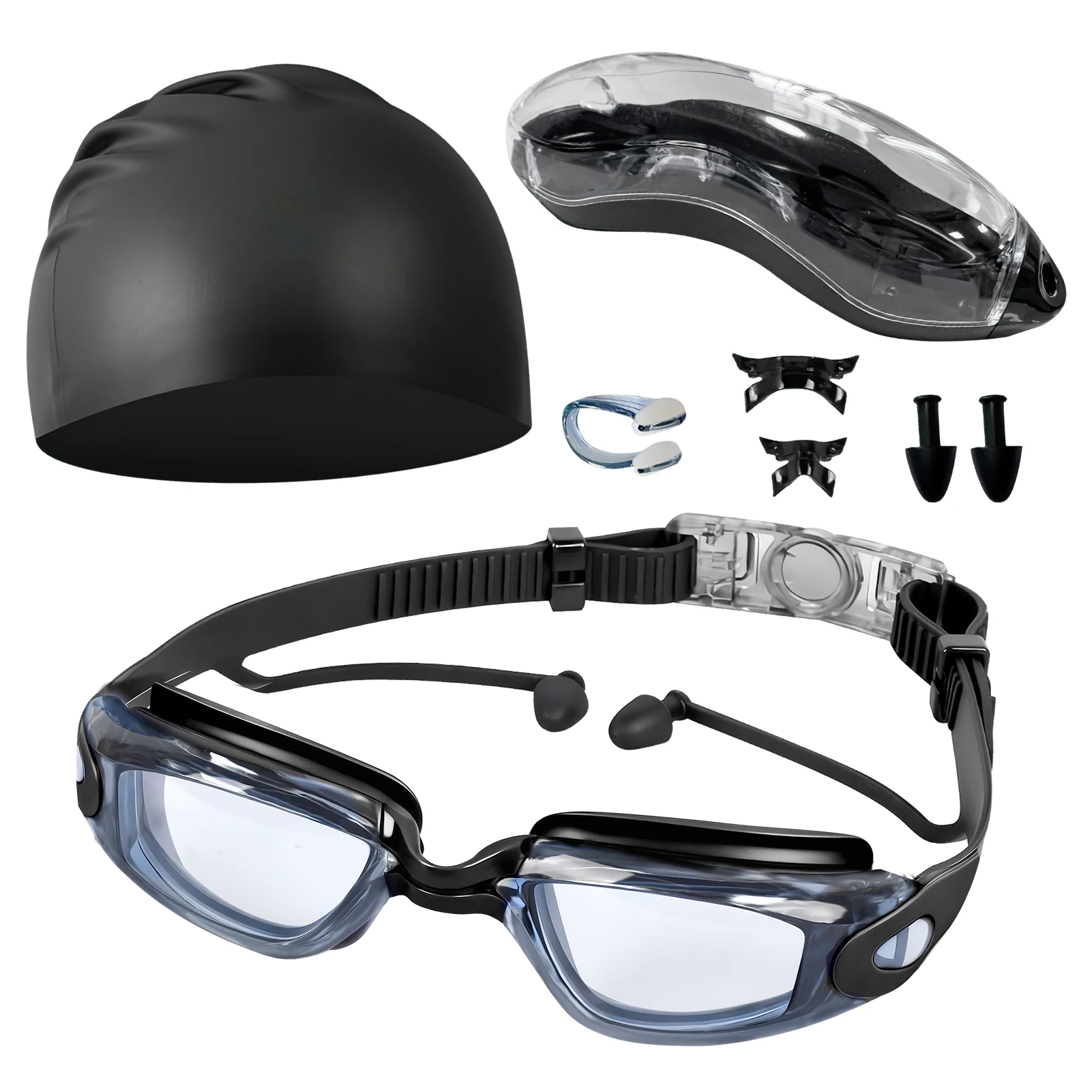 Oculos-de-natacao-para-competicao-adulta-peca-Unica-com-protetores-auriculares-antiembacantes-alta-definicao-design-adaptavel-personalizado