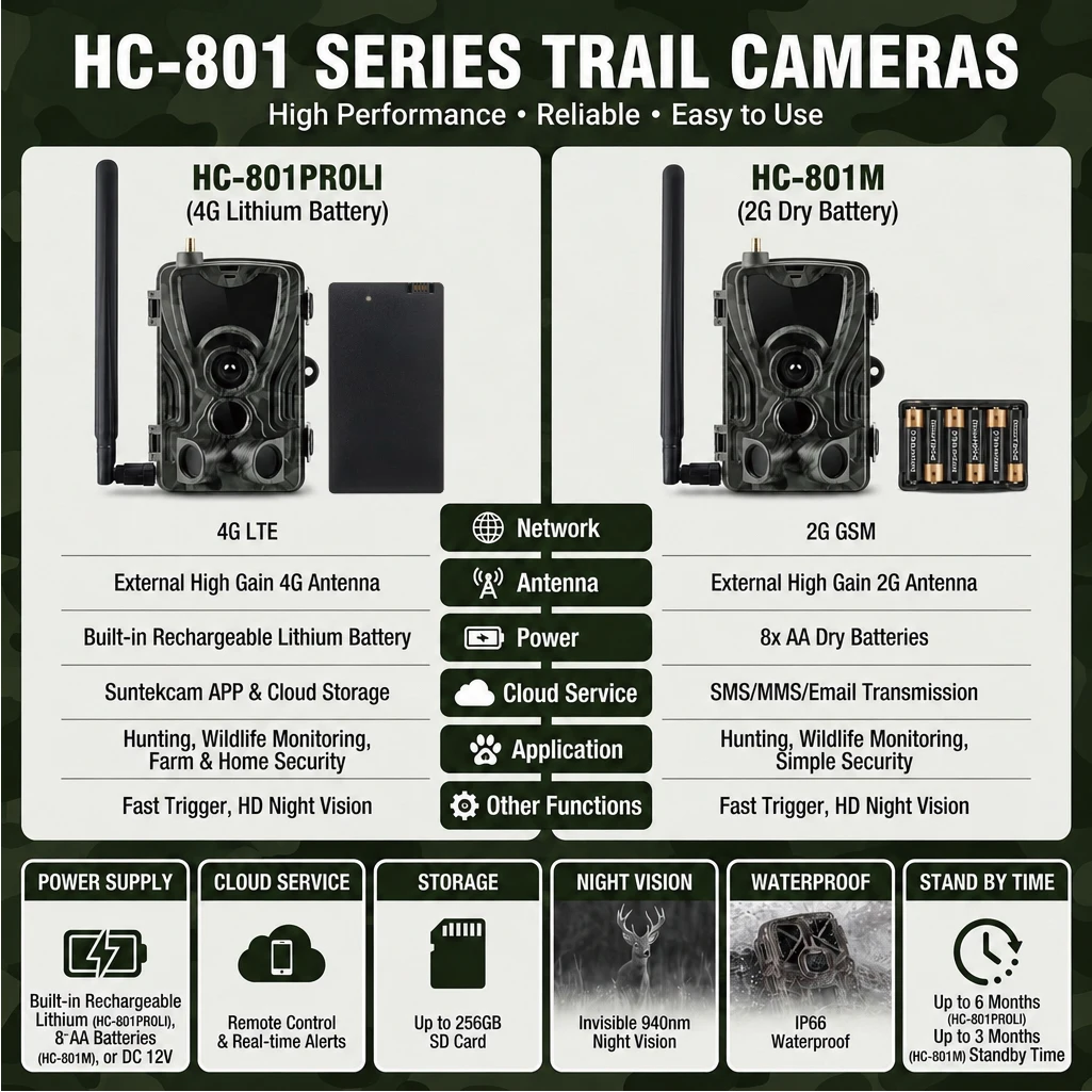 Suntek 801PRO/4G Trail Hunting Camera with Cloud Storage Live Streaming 801M/2G with MMS SMTP SMS 20MP 1080P Photo Traps