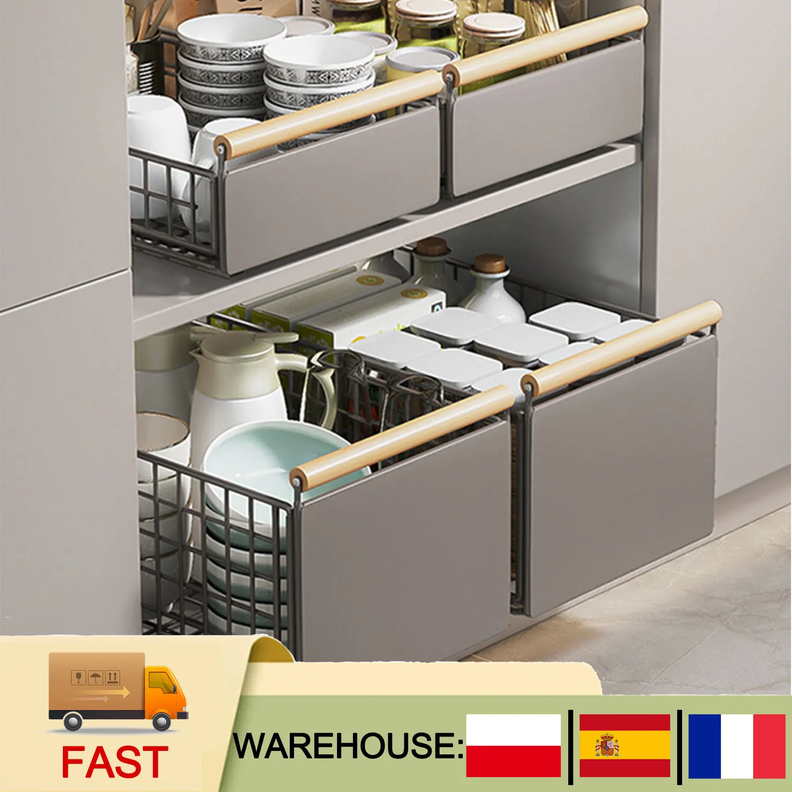 Lot de 2 tiroirs télescopiques extensibles, organisateur de tiroir coulissant sans perçage avec glissières et poignée en bois