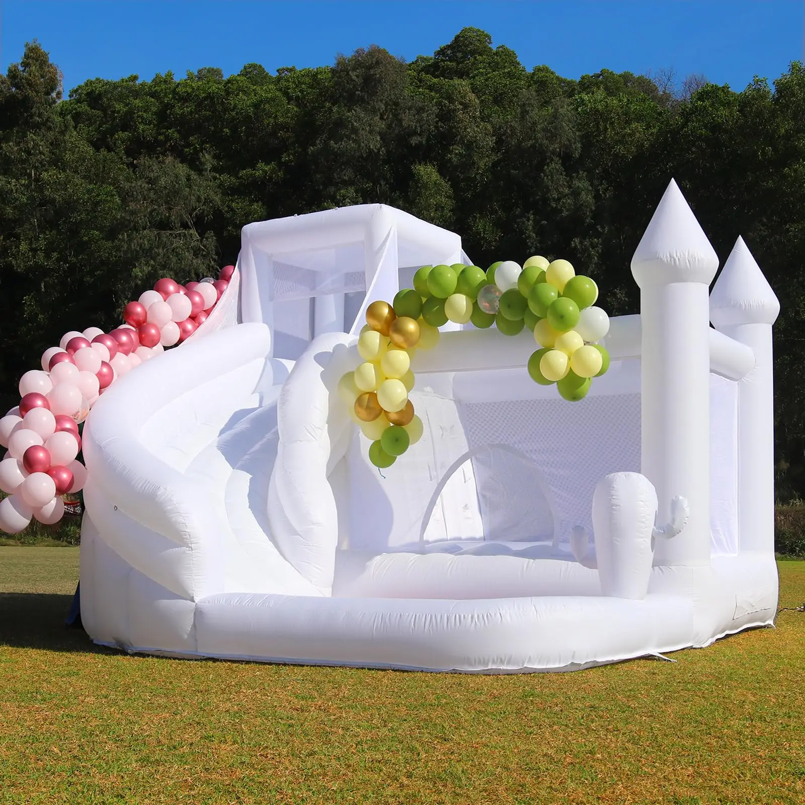 Commercial 16Ft PVC Bounce House Castle W/Widened Curved Slide & Big Ball Pit  White Bounce House for Adult Kids Party Rental