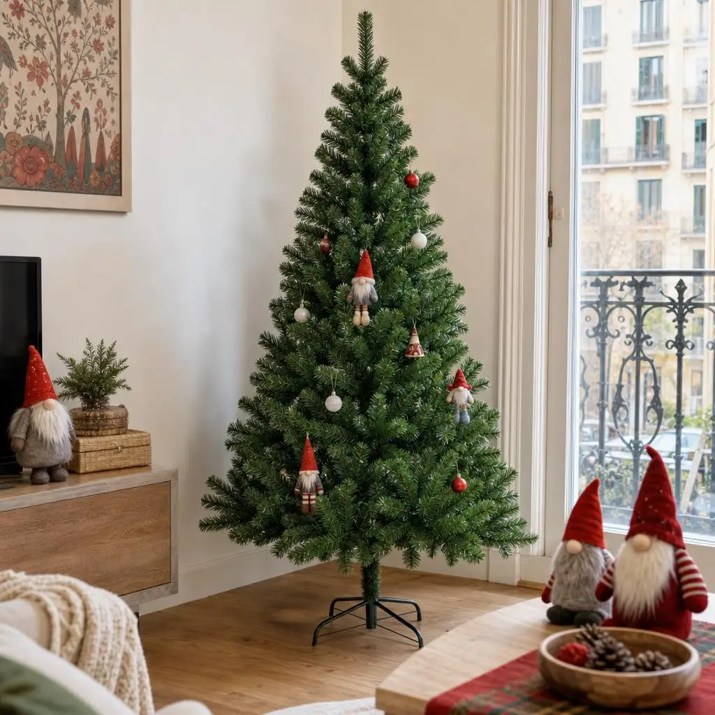 Árbol de Navidad Artificial Verde Bosque 180 cm 210cm con Ramas Moldeables y Base Metálica Estable, Desmontable y Reutilizable para Decoración Navideña de Hogar, Oficina, Tienda y Escaparate