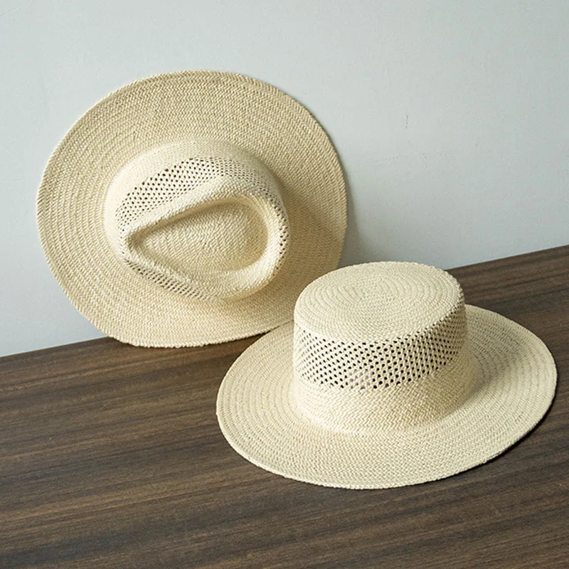 Fashion Women Beige Straw Fedora Hats Ladies Wide Brim Summer Hat Hand Woven Hollow Straw Sun Hat for Derby Travel Beach Hat