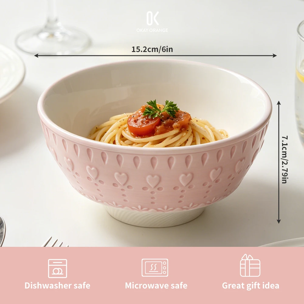 French Vintage Pink Ceramic Bowl 6 Inch Embossed Heart Cute Salad Soup Cereal Noodle Bowls Microwave Safe Tableware Gift