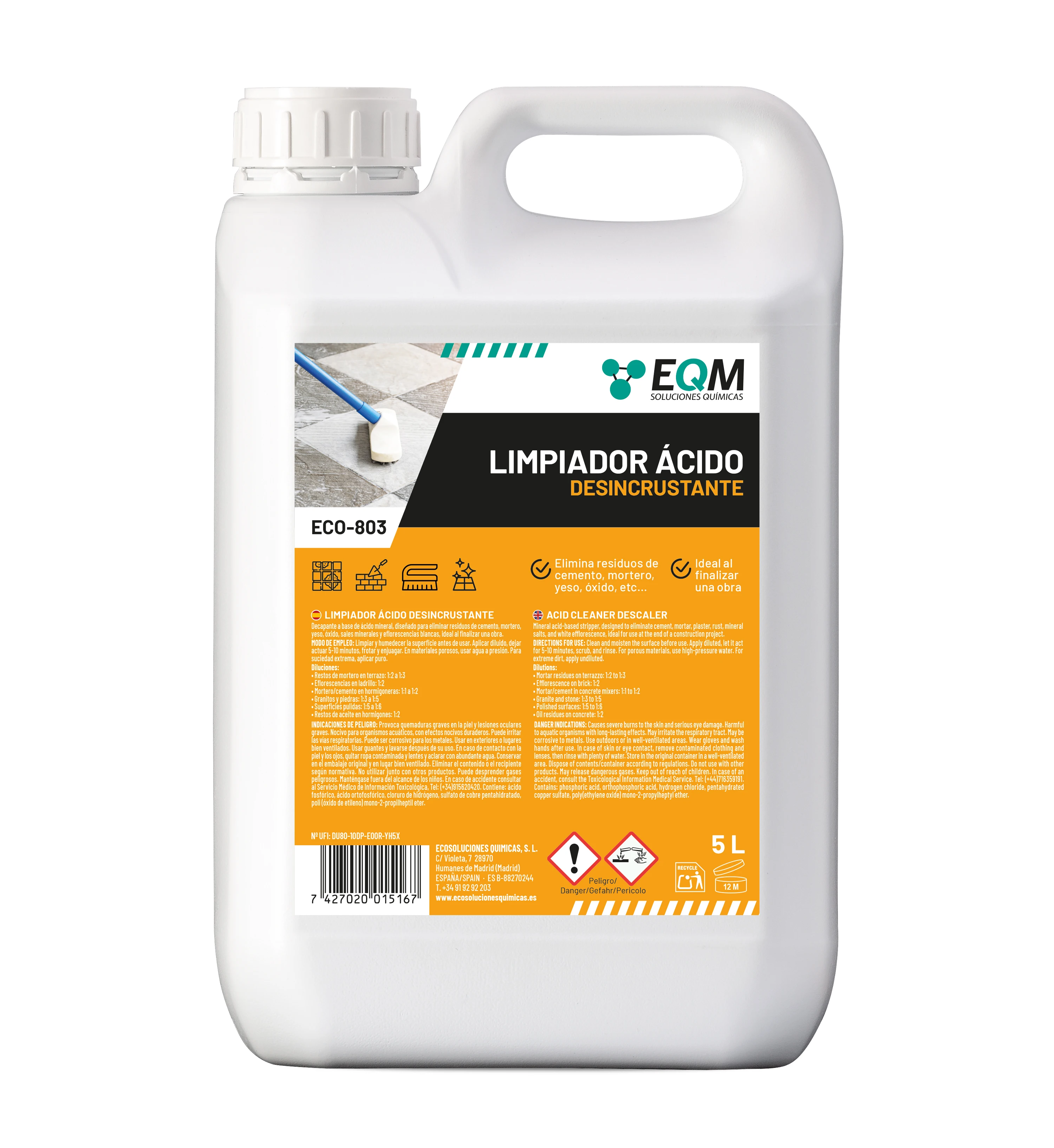 EQM - ECO-803 - Limpiador Desincrustante Ácido de Suelos - 5L - Elimina restos de cemento, yeso, mortero, lechada y óxido