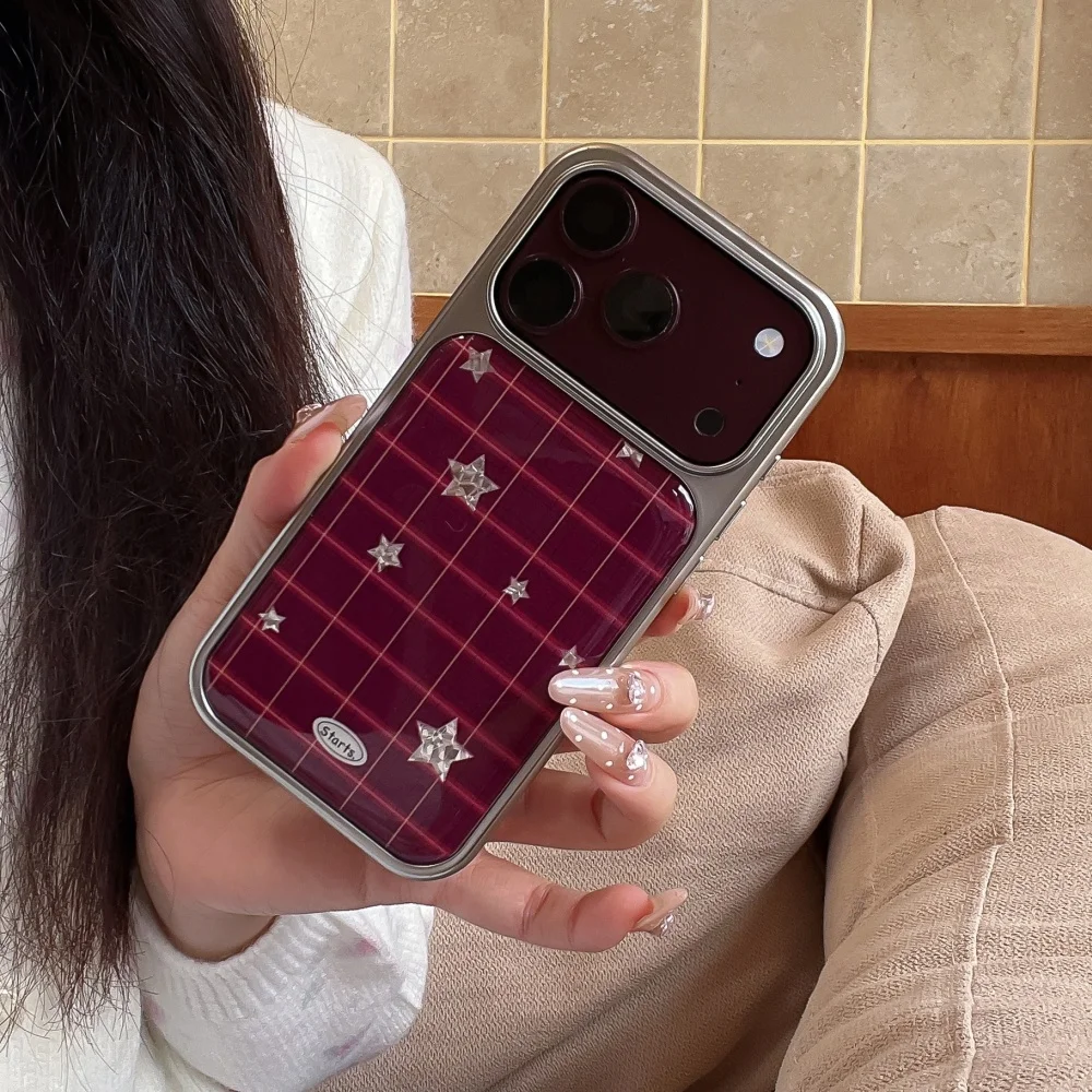 New Korean Ins Cherry Red Plaid Stars Retro Phone Case for iPhone 18 17 Pro 16 Max 15 16 17 18 Pro Max, Fashion Shockproof Cover