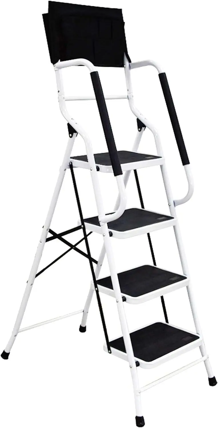 Escada com corrimãos, escadas portáteis dobráveis, armação de aço, cozinha doméstica, 4 Step Stool, 500 lb Capacidade