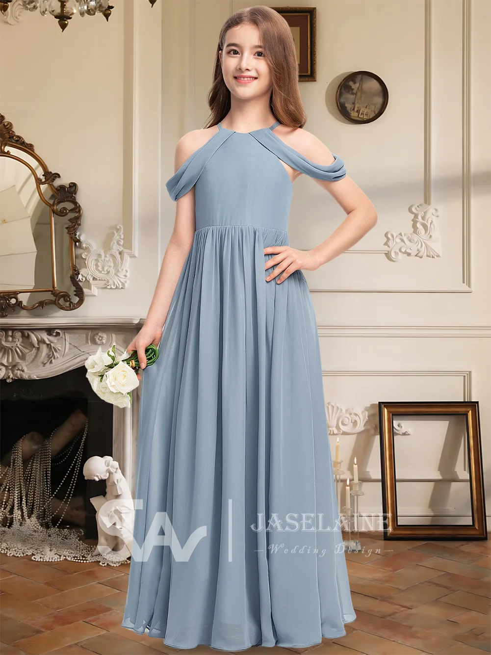 Элегантное платье подружки невесты из шифона с лямкой на шее длиной до пола, платье с цветочным узором для девочек, трапециевидное платье на тонких бретельках, официальное платье для девочек с открытыми плечами