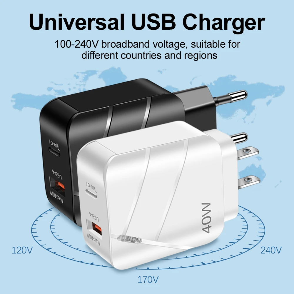 40W USB PD Type C Fast Charging Mobile Phone Charger Quick Charge3.0 Phone Power Adapter EU/US Plug For iPhone 15 Samsung Xiaomi