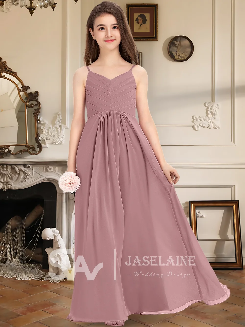 Een junior bruidsmeisjesjurk A-lijn V-hals Vloerlengte Chiffon Bloemenmeisjesjurk Meisjes Speciale gelegenheden Bruiloft Formele jurk