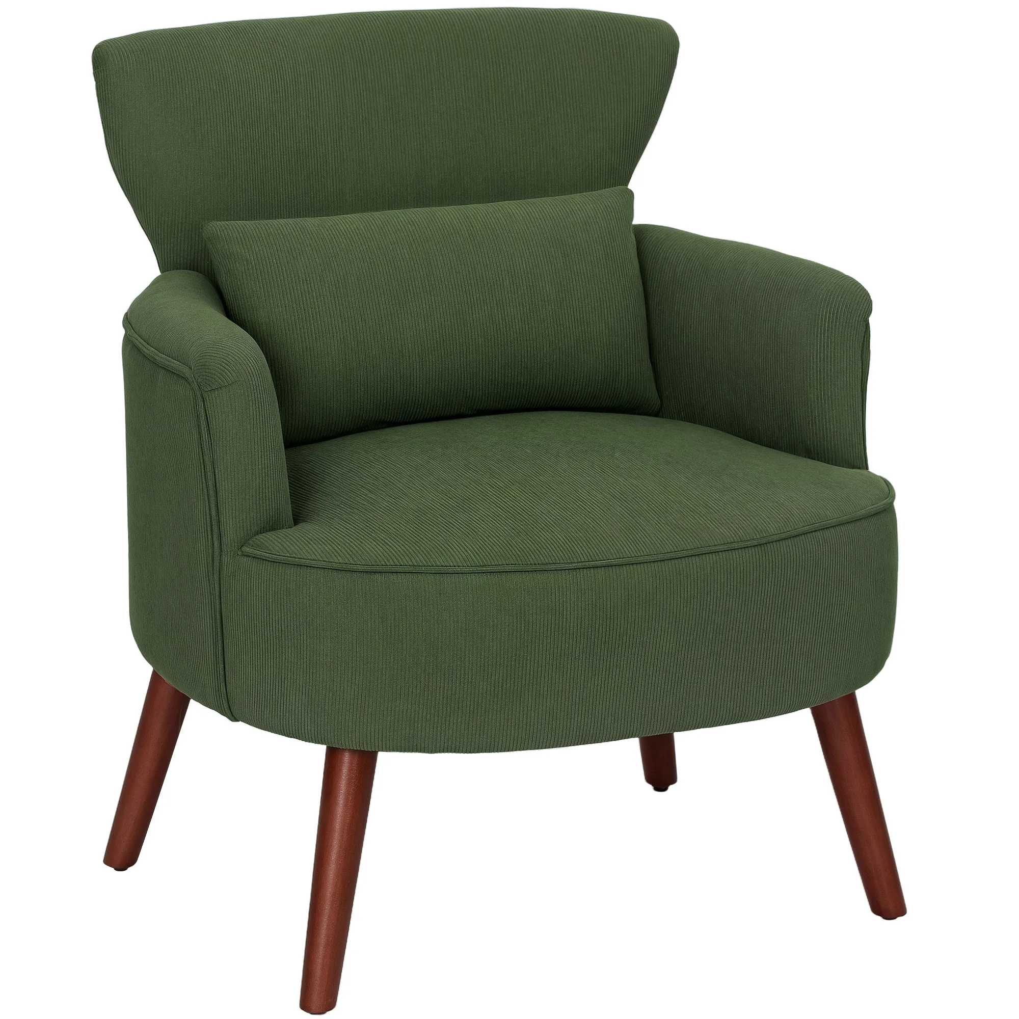 Fauteuil moderne en velours vert avec coussin lombaire, dossier et pieds en bois.