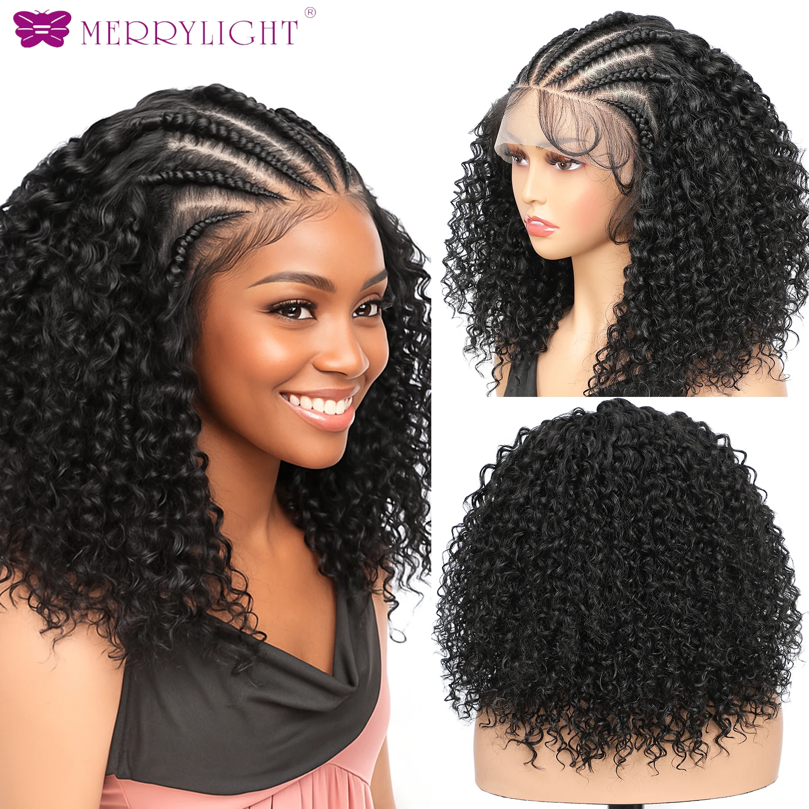 

13x6 Natural Black Synthetic Curly Bob Lace Front Wig for Black Women Glueless Cornrow Braided Wigs with Baby Hair