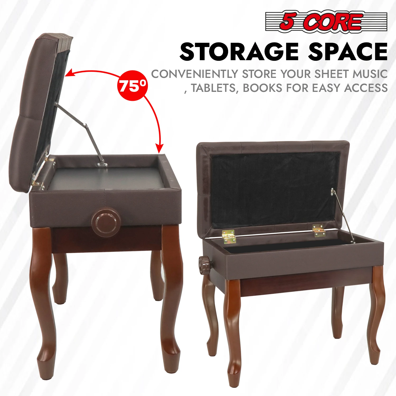 5 Core Piano Bench with Storage Wooden Adjustable Keyboard Stool Heavy Duty Padded Cushioned Seat PNB WD HD BR view 4