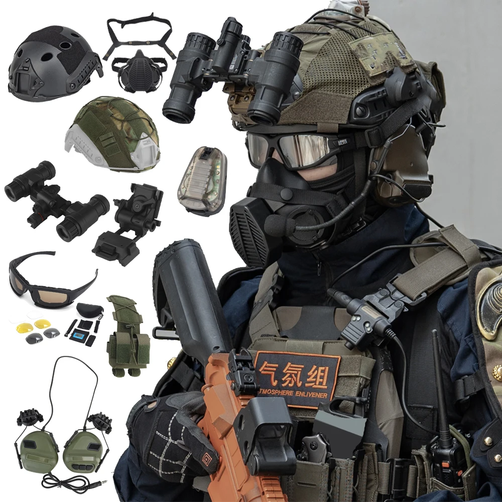 

Tactical Helmet Set FAST Full Set of Protective Equipment Headphones NVG Model Signal Light Glasses Respirator Mask for Cosplay
