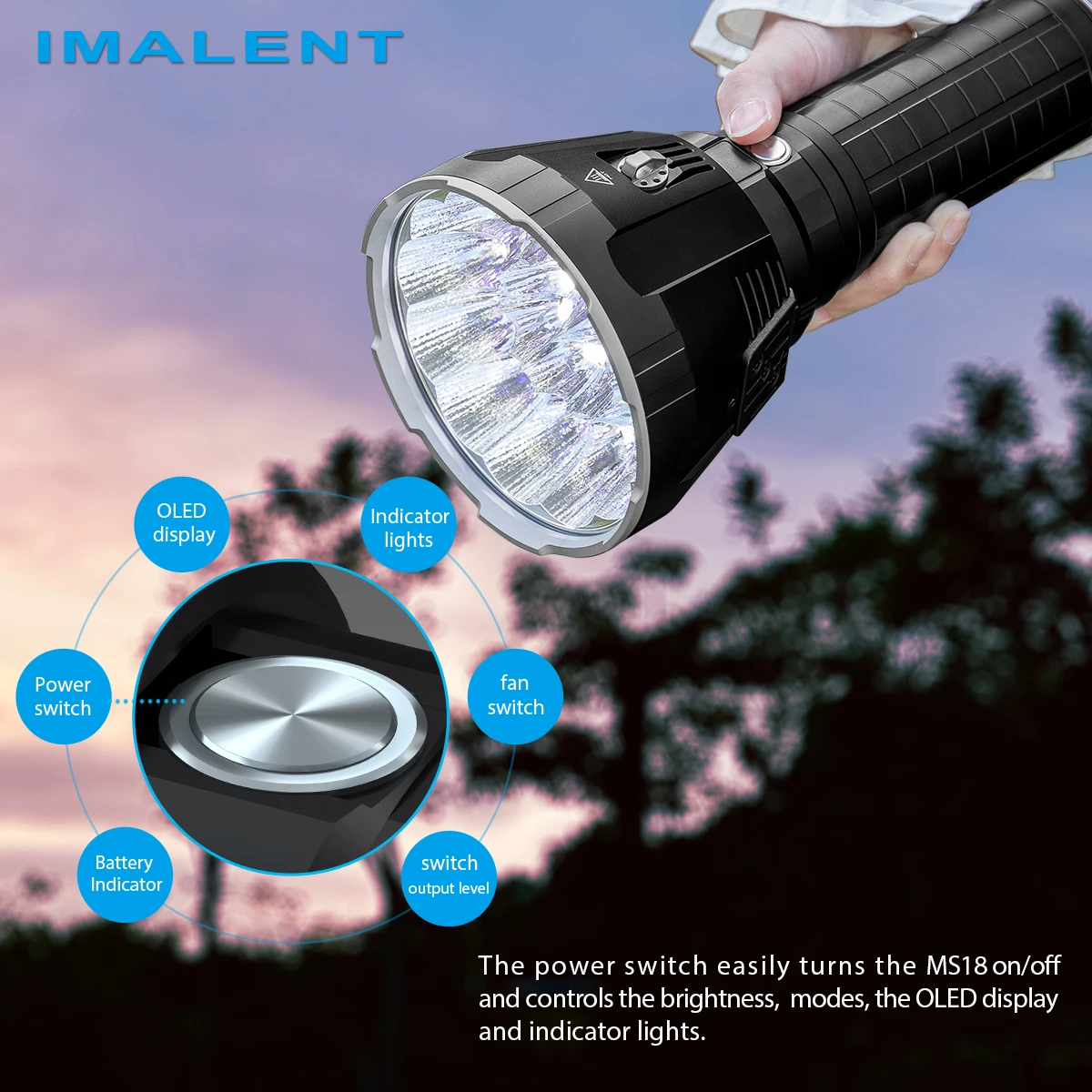 Imagem -05 - Imalent Ms18 Lanterna de Alta Potência 100000 Lúmens Super Brilhante Profissional Lanternas de Busca com 18 Leds Cree Xhp70.2 Recarregável Ultra Potente Tocha de Caça com Alcance de até 1350 Metros e Tela Oled