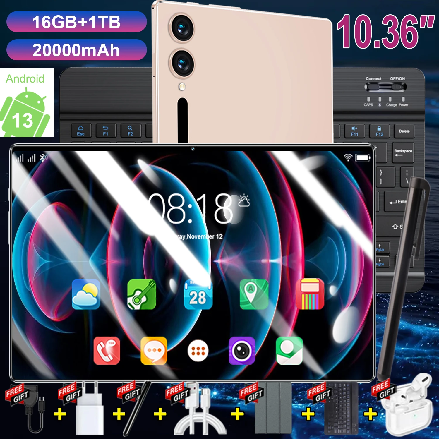 Nouvelle Arrivée 2026 : Tablette PC 10,36 pouces Android 13, Processeur 14 cœurs performant, 16 Go de RAM et 1 To de stockage, Batterie durable de 20000 mAh à grande capacité, Signal Wi-Fi ininterrompu, Double SIM 5G fiable et Caméras doubles pour le télétravail.