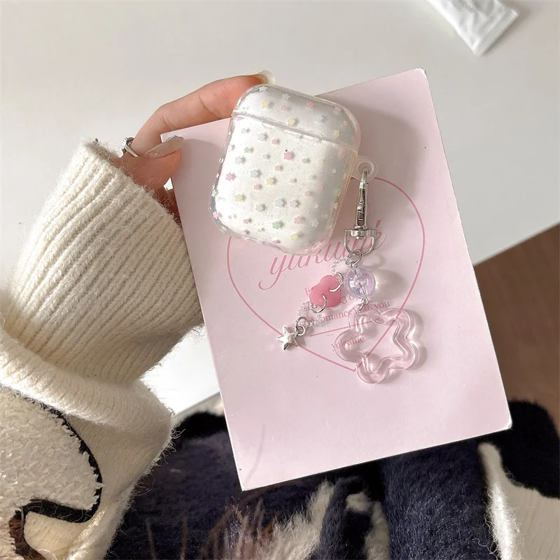 Cute Colorful Star ear case for Apple Airpods 4 3 2 Airpods Pro 2 Clear silicone shockproof earphone cover with love pendant